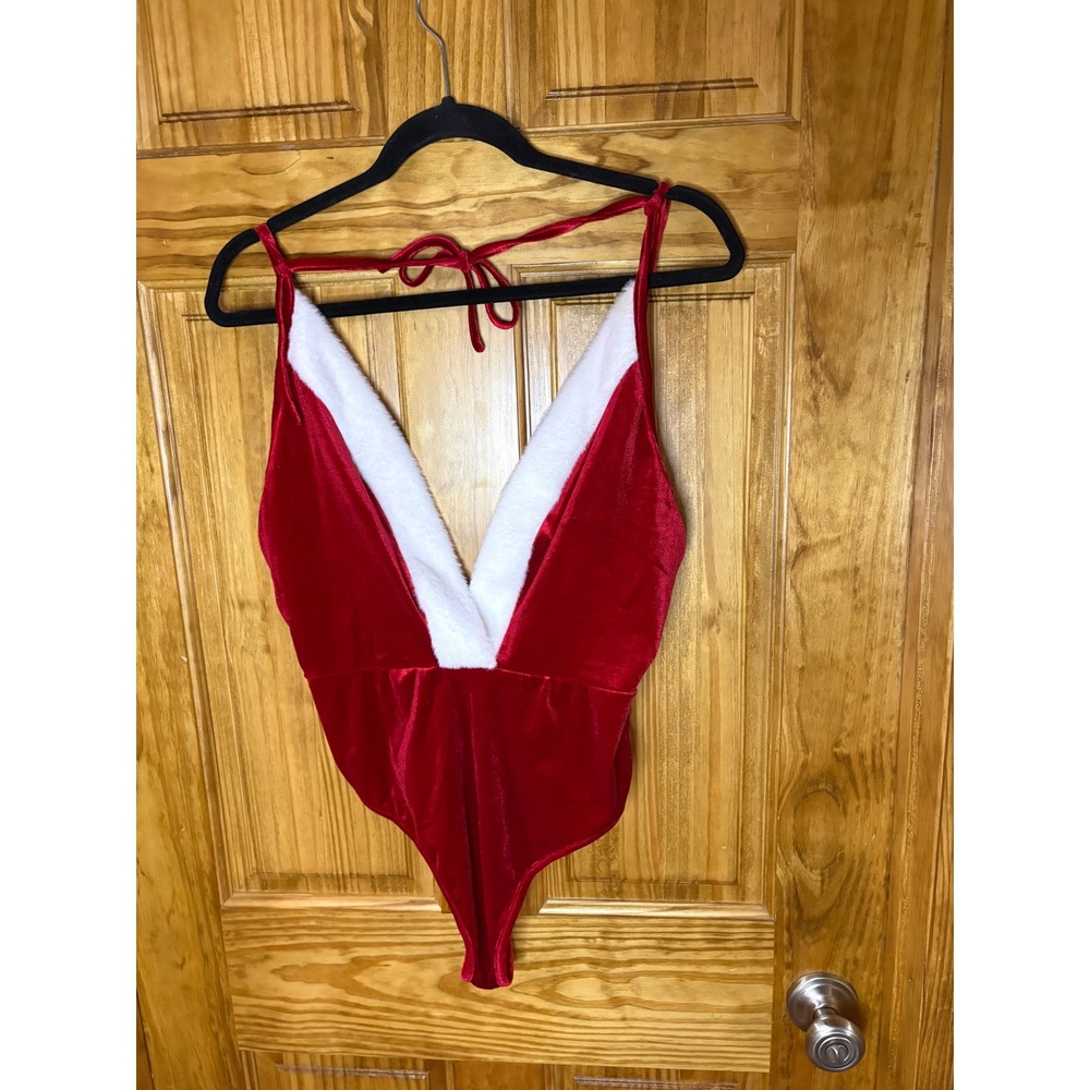 RSLOVE Womens Red Velvet Mrs Claus Bodysuit Faux Fur Trim Christmas Lingerie L